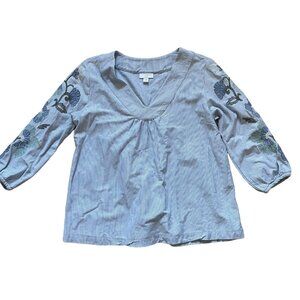J.Jill Petite Embroidered V-Neck Blouse Blue Stripe Cotton Womens Top